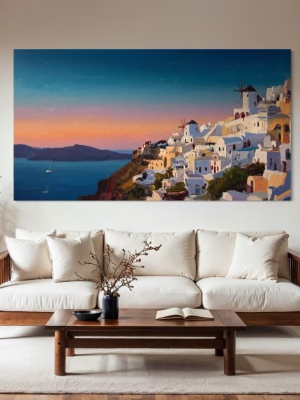 Aegean Glow: A Breathtaking Coastal Cityscape Canvas Painting