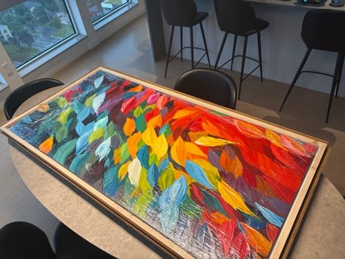 Customer photo of an abstract painting in a living room