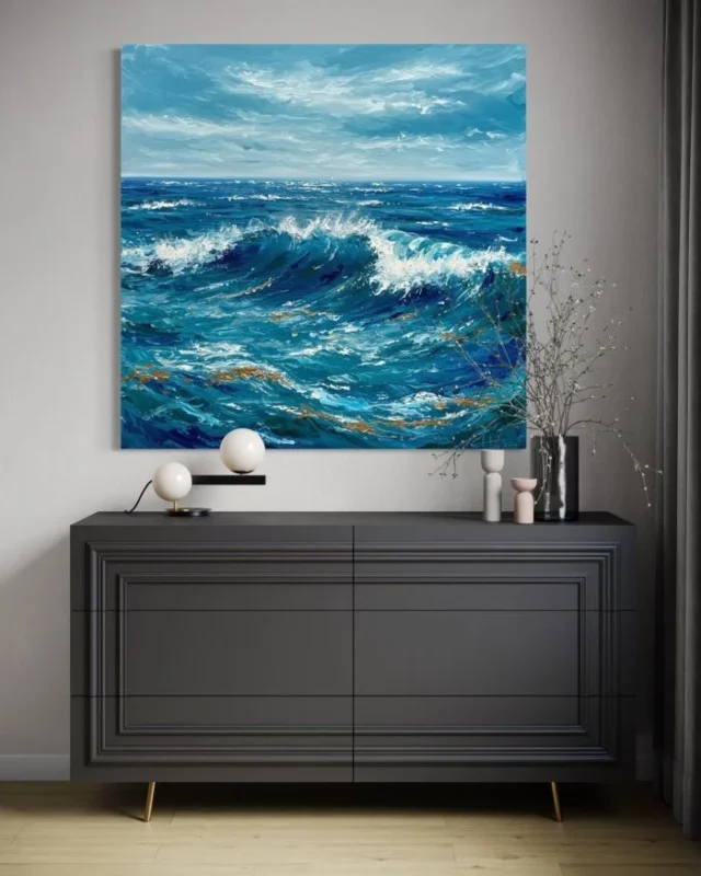 Modern Coastal Living Room with Abstract Seascape Art
