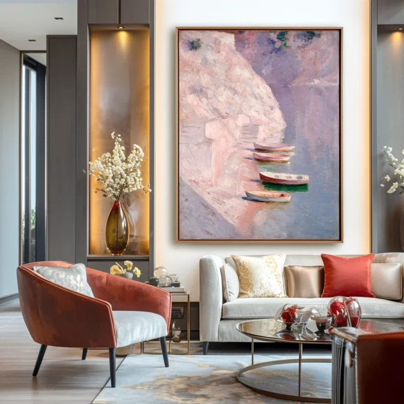 Cohesive corporate art collection with shared color palette