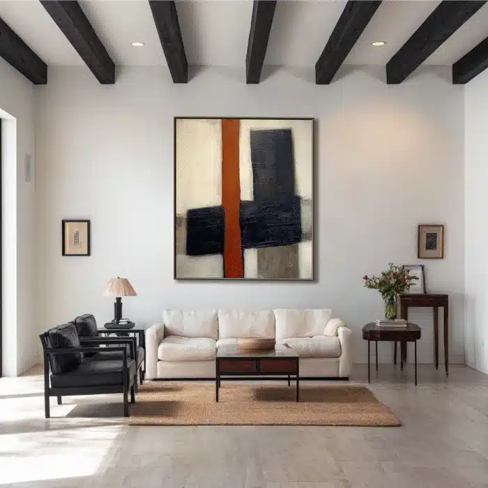 Staged luxury living room with original textured art