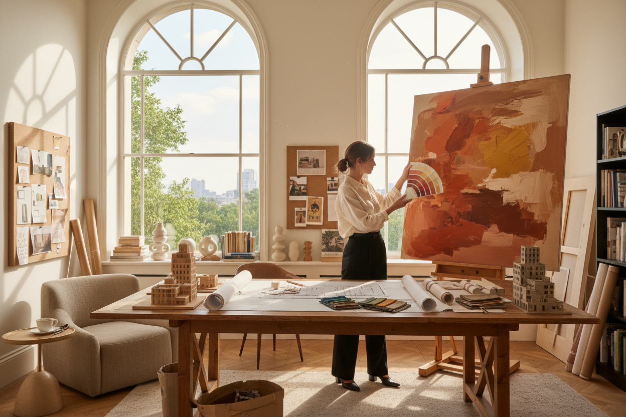 Interior designer sourcing textured art with color swatches.