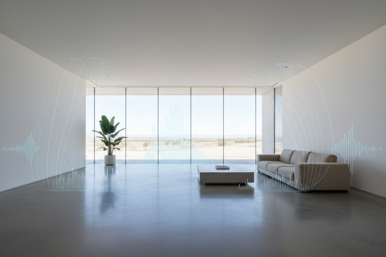 Modern open-plan living room with hard surfaces that cause echo.