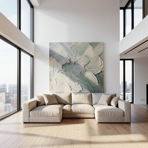 Large textured acoustic art installed in a modern luxury loft with high ceilings.