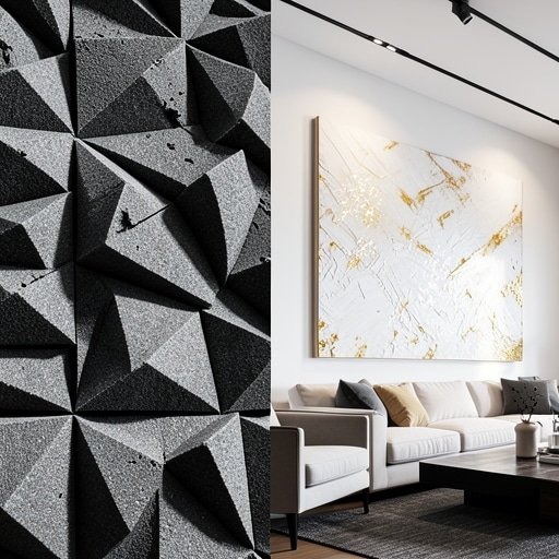 Split screen comparison of industrial foam panels vs a stylish textured acoustic painting.