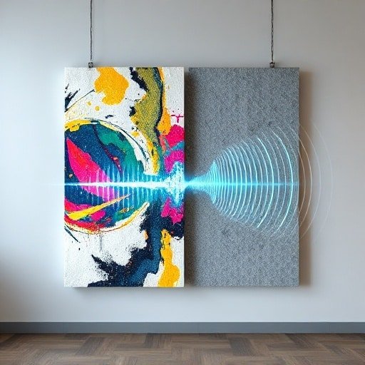 3D diagram explaining how acoustic art panels work by absorbing sound waves into a hidden core.