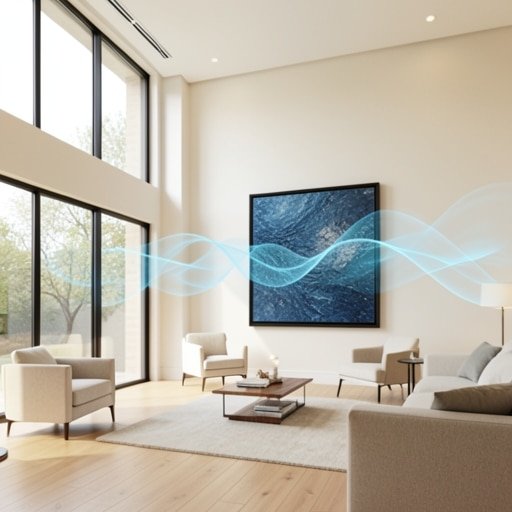 Interior design showing strategic sound panel placement of acoustic art in a living room.