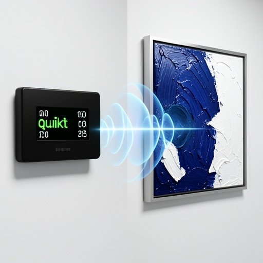 Scientific testing of acoustic art performance showing decibel reduction and sound wave absorption.