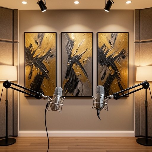 Professional podcast studio using commercial acoustic art for sound dampening and visual branding.