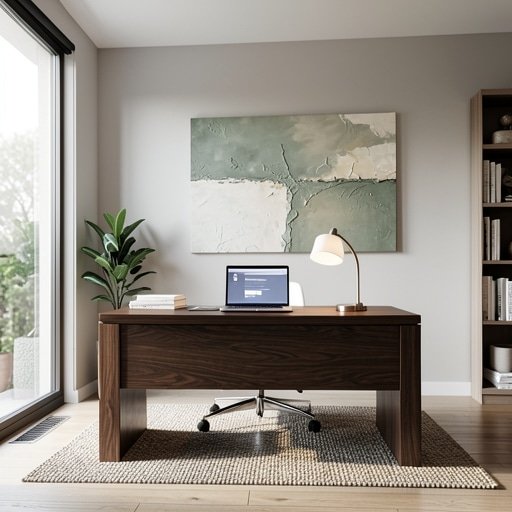 Modern home office featuring a large textured acoustic painting for improved acoustics and professional zoom background.