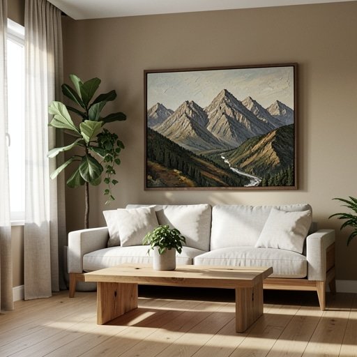 A modern living room featuring a large, textured abstract landscape painting of mountains.