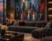Large textured abstract cityscape painting in a modern minimalist living room.