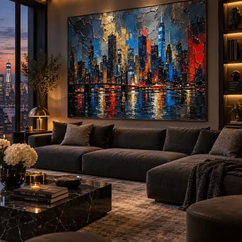 Large textured abstract cityscape painting in a modern minimalist living room.